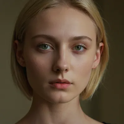 The girl was an AI, but she had a picture of herself on her phone. She had pointed nose, high cheekbones, pointed chin, v-shaped jawline, thin flat chested and short blonde hair