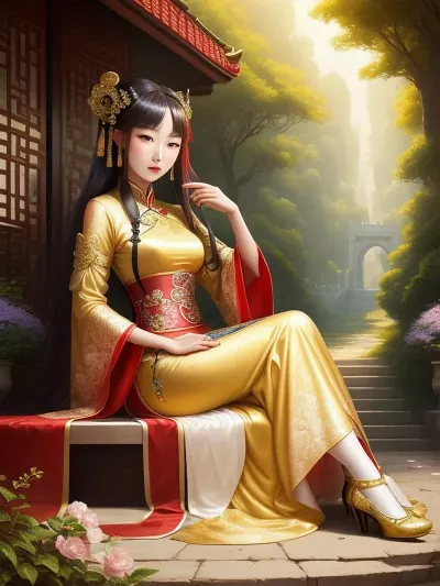 В пышном саду красивая принцесса сидела в своем золотом платье, окруженная придворными, играющими на высокие ставки. Несмотря на то, что она была окружена такой красотой и роскошью, она оставалась нетронутой всем этим, потерянной в мыслях, когда размышляла о смысле этого слова