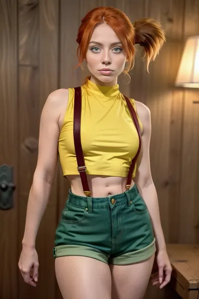 red head, long wave hair, beautiful, masterpiece, best quality, extremely detailed face, perfect lighting, green eyes, yellow shirt, crop top, suspenders, shorts, camel toe, <lora:Misty:.9>, <lora:upshorts_v0.4:.5>