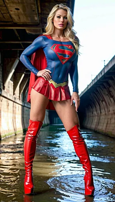 사진의 여성은 높은 heeled 부츠와 근육 빨간 부츠 슈퍼 히어로, 전체 입술, 긴 다리입니다. 그녀는 섹시한 운동 빌드와 그녀의 힙에 그녀의 손과 함께 키 큰. 그녀의 피부는 매끄럽고 명확합니다,