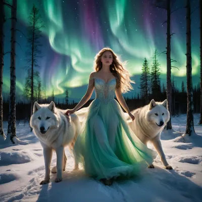A young female princess adorned in an ethereal gown that shimmers with the colors of the northern lights, her long, flowing hair dancing in the gentle aurora-infused breeze. She is gracefully performing a solitary dance in the heart of a snow-covered woodland, her bare feet leaving no prints on the pristine surface., ((Around her, three large white dire wolves, each the size of a small horse, are engaged in a majestic waltz of their own, their fur glowing with a soft luminescence that matches the shifting hues of the aurora above)), . Their piercing blue eyes, reflecting the vibrant lights, are fixed on the princess as if they are her devoted guardians and dance partners. The woodlands stretch into the distance, with tall, ancient trees casting long, intricate shadows that seem to sway in rhythm with the dance. The entire scene is bathed in the surreal, dream-like glow of the northern lights, which weave through the branches, painting the sky in strokes of emerald, violet, and cerulean. The air is filled with a silent symphony of sparkling snowflakes that dance alongside the wolves and the princess, creating an enchanting spectacle that appears frozen in time amidst the quiet stillness of the night.


BREAK, Image Quality, 8k wallpaper, best quality, 8k resolution, best photo, super clear photo, ((over-detailed professional photography, masterpiece, epic photorealism)), best faces, best resolution, uhd, perfect composition of lights and shadows, dynamic, the brightest image, clear focus, depth of field, 32k, 30 mm lens, 1/250 s, f/2.8, ISO 300, <lora:add-detail-xl:.8>, <lora:xl_more_art-full_v1:.8>