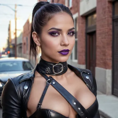 beautiful and sexy latina massive muscle girl woman posing naked, gothic makeup, light violet shadow eyes, long dark eyeliner, dark matte violet lips, ponytail, 3/4 view, bare legs, standing by the street, tight black leather leggings, leather laced combat boots, black leather gloves, wide black leather belt, tight black leather corset, tight white blouse, leather spyked collar, looking sexy and smiling provocative