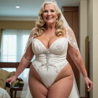 长着浓厚金发的老妇人身穿婚纱站高,她成熟80岁,身体稍有下沉. 她的明亮的蓝眼睛在对摄影师微笑时闪烁,露出她完美的白牙. 她曾经是