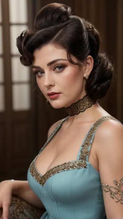 The high-resolution 4K ultra-detailed RAW photo of the Pin-up angry fit women 50 yo look at viewer wearing a designer dress with flat, in dress, dark straight hair, garters, 3/4 length view, 4K