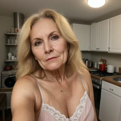 old mature, 67 year old, tall, blonde, medium hair, big brown eyes, wide jaw, long face, very chubby, small tits, in the morning, fluffy hair, messy hair, at the kitchen, sleep face, naught, after sleep, sexy lingerie, selfie picture