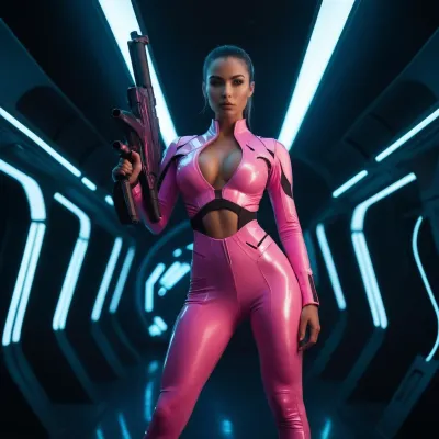 Lazer saldırısı tüfeği ve çarpıcı futuristic cleavage sıkı-fitting atsuit ile şiddetli bir savaşçı kadın, karanlık yapay ışık ambiance düşmanlarıyla savaşmak için hazırdı