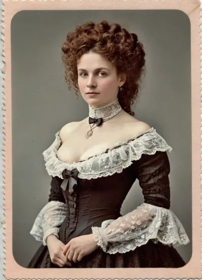 Die russische Frau mit großen Haaren und Bogen vorn sah sich das Porträt an der Wand an, die ihr ein Vintage-Kleid mit floofy Bob Frisur, grauem Hintergrund und ein gefrilltes Victorianstyle-Kleid zeigte. TanRealStock