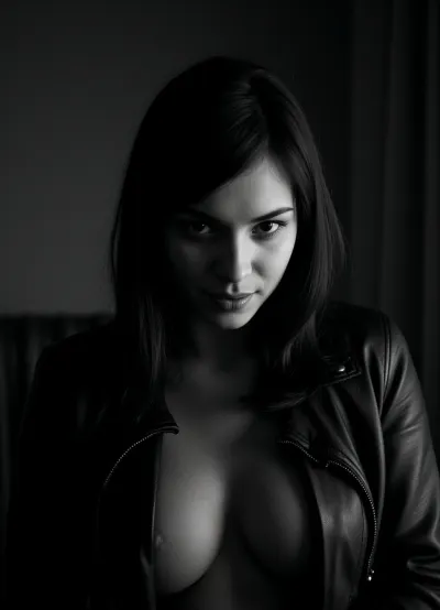 (vintage horror portrait:1.4), (dramatic lighting:1.4), (high contrast:1.2), (black and white:1.2), intense piercing glare, deep shadows, eerie, theatrical, moody, menacing smirk, grainy texture, haunting, unsettling, historic, stark, bold, textured, mysterious, dramatic shadows, chiaroscuro, evocative, dark, vintage film style, (Dutch angle shot, low angle shot:1.4), , (a bdsm dominatrix in her iconic black leather outfit:1.6), (scanned photo from a disposable camera:1.6), night time dark room, lights off