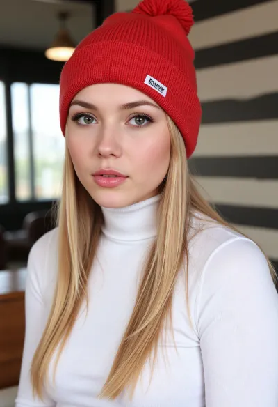 A mulher impressionante na imagem cativava os espectadores com sua aparência moderna e urbana, destacada por seu padrão listrado e maquiagem na moda. Seu cabelo loiro longo em cascata abaixo de seus ombros, acentuando sua beleza