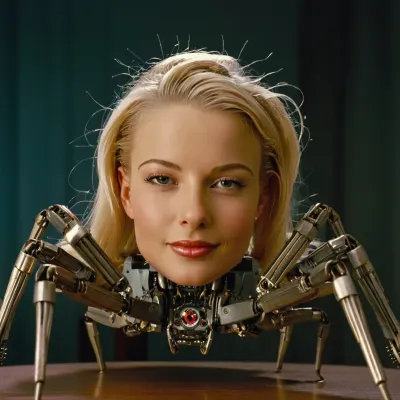 Nikki TylerQuiron hat ein Bild des Roboterkopfes mit sechs Spinnenbeine auf einem Tisch geschnappt, der sein spielerisches Lächeln auf den Tisch stieß