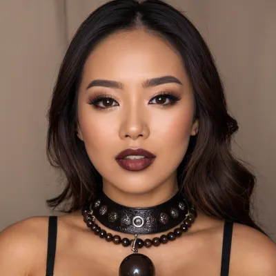 La fille asiatique sexy dans l'image était habillée dans une lingerie fine sexy, avec une longue et noire bande oculaire. Elle avait une ombre aux yeux noirs et des chaînes aux poignets. Son sourire était malveillant, alors qu'elle tenait