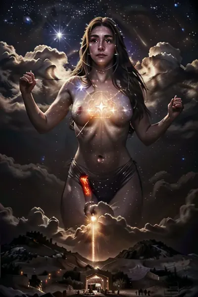 멋진 8K AI-generated 걸작은 Star_of_Bethlehem zodiac 기호와 거대한 신 같은 기능을 갖춘 밤하늘에 긴 갈색 머리카락과 아름다운 소녀를 묘사합니다. 점화는 완벽합니다, 그리고