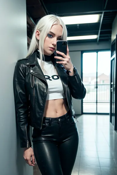 score_9, score_8_up, score_7_up, score_6_up, score_5_up, score_4_up, charlottesmoothie, white hair, long hair, blue eyes, hair over one eye, black leather jacket, denim jeans pants, smile, upperbody, looking at viewer, hallway, indoors, <lora:CharlotteSmoothieXL:1>
