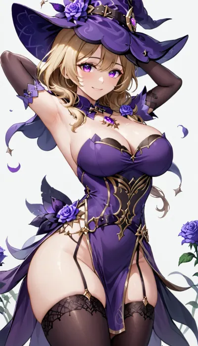 Lisa, a young girl with long blonde hair and large breasts, is wearing a purple dress with a white background. She's looking at the viewer with her big smile and bright eyes. In her hand is a picture of herself wearing the hat, gloves