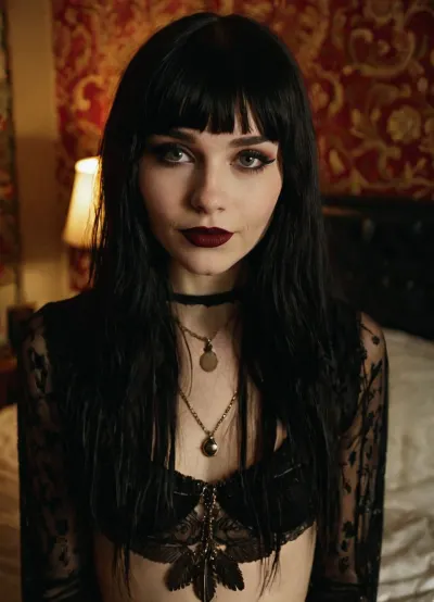 23 year old skinny Norwegian goth girl with long black hair, cute and seductive, bangs, smiling, pale skin, septum nose-ring, heavy makeup, winged eyeliner, dark lipstick, nude, in a low lit bedroom