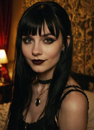 長い黒い髪、強打、笑顔、淡い肌、セプタムノーズリング、重厚なメイクと羽毛のアイライナーは、ほとんど低litベッドルームで裸体