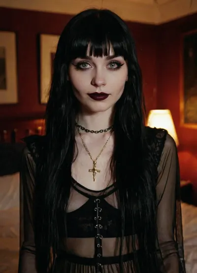 長い黒い髪、強打、笑顔、淡い肌、セプタムノーズリング、重厚なメイクと羽毛のアイライナーは、ほとんど低リットベッドルームで裸体です