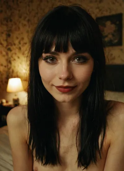 La giovane emo ragazza norvegese con capelli lunghi neri, sorriso seducente, pelle pallida, naso setto-ring, trucco pesante, eyeliner alato e rossetto scuro era seduto sul suo letto scorrendo attraverso il suo telefono quando ha ricevuto un testo da