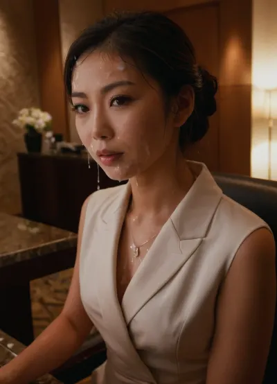 Una receptionist giapponese alla sua scrivania in una lussuosa lobby dell'hotel coperta di sperma, bukkake, e l'immagine di una pornostar