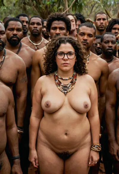 short spanish woman surrounded by tens of black men from an African tribe, 8k, chubby, 40yo woman, ((plus size body)), dark curly hair and glasses, pale skin, small saggy breasts, completely nude, tribal necklace, professional photograph, brunette, full body view, long shot, high quality, HDR, dim light, faded colors, grainy, sharp focus, big hips, (pubic hair:1.4), visible foots, male tribal crowd, realistic faces, detailed faces