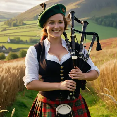 La donna indossava un berretto di tartan brillante e un sorriso che accendeva le colline mentre giocava le sue borse. L'aria è stata riempita con il dolce profumo di erba appena tagliata e il suono di uccelli che si chirping in lontananza. Come lei