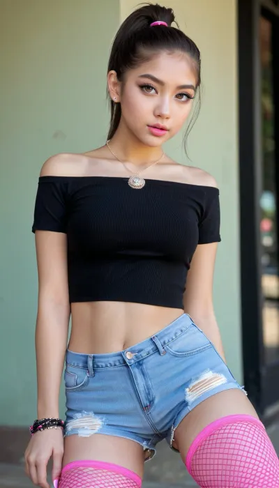 Young slender girl 18 years old, (((close-up))), ((worth)), ((skinny)), cute face, (long hair in a ponytail:1.4), (Black white hair), (((pink lipstick lip gloss))), ((big eyes)), (makeup:1.3), (look at the camera), (very short top:1.4), (short denim shorts:1.3), (pink fishnet stockings up to the thigh:1.5), (necklace, jewelry, bracelets:1.2), bright sunny day