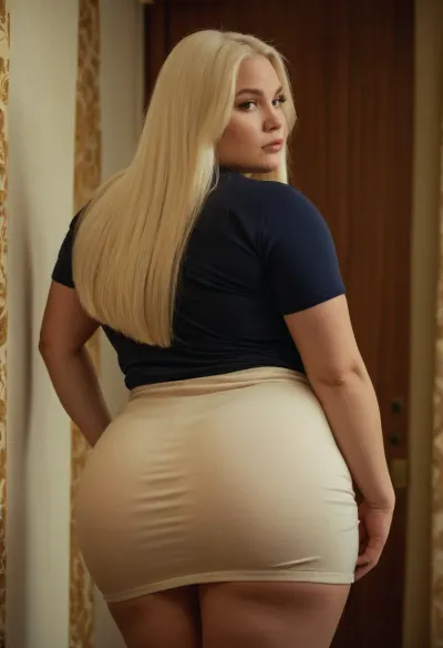 Russian beauty, midget, milf, oversized bbw, oversized thick thighs. Oversized wide hips. Wide large ass. Straight long hair, white blonde hair. Mini skirt, tight fitting t-shirt. High hills.