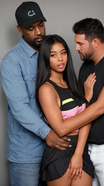 E-girl est poussé contre le mur par deux grands hommes noirs, leurs mains sont autour de sa gorge, et elle pleure