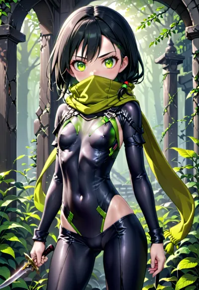 젊은 assassin 소녀는 대상의 앞에 서, 그녀의 눈은 그녀 prey에 잠겼습니다. 그녀는 하나의 손과 다른 표적의 그림에 대항했다. 그녀는 더 가까이 봐, 그녀는 그림에 대해 뭔가를 발견했습니다