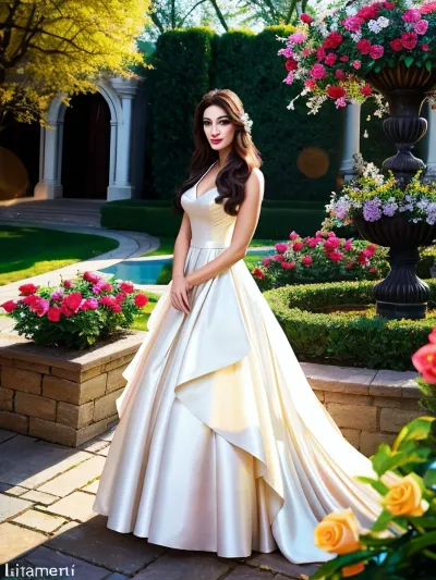 La donna tatariana splendida e aggraziata si trova in mezzo a un giardino vibrante, esaltante eleganza e bellezza. Indossa un abito morbido e fluido che dolcemente scorre nell'atmosfera calda e colorata. Il suo volto è sorprendentemente bello, con un sorriso sereno