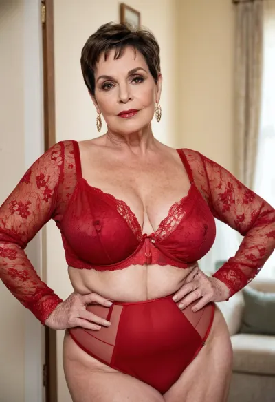 old mature 71 years old, brunette, pixie short hair, glamour, fat bbw, bbw, beautiful big black eyes, neck lace, hoop earrings, naught serious face, medium saggy tits, tall, long sleeve, red lingerie, selfie picture, different faces