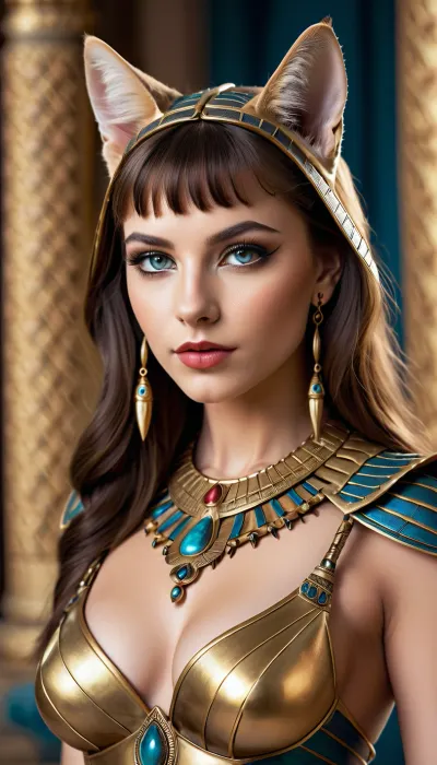 1Bastet Goddess, human body half cat half human, best quality, ultra detailed, masterpiece, the smallest details, high resolution, 8k wallpaper, cat ears, Eyes, pure cat pupils like a cat, standard clothes that Bastet has, looks like a person, cat habits, Bastet is very brutal, with cherry lipstick on her lips, beautiful eyes, she stands beautifully feminine, full-length view to her feet, Bastet, white skin