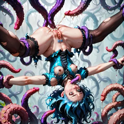 a tall milf, blue hair, aged, fit, small breast, A-cup, thick waist, thick tight, ((realistic)), gothic, pierced nipples, clothes ripped by tentacle, pussy dripping, tentacles, hairy pussy, sex with tentacles, tied by tentacles, high stockings, restrain in air by tentacles, triple penetration, lot of cum, cum in ass, ass dripping cum, tentacle deep in mouth, held upside down