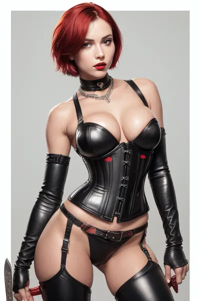 Un modelo de AI fotorrealista en solitario creó una foto impresionante con pechos medianos, pelo rojo, pelo corto recto, dedos perfectos en el cuello, y una pegatina con bordes blancos. La foto fue tomada desde el frente y tenía una madura y leve