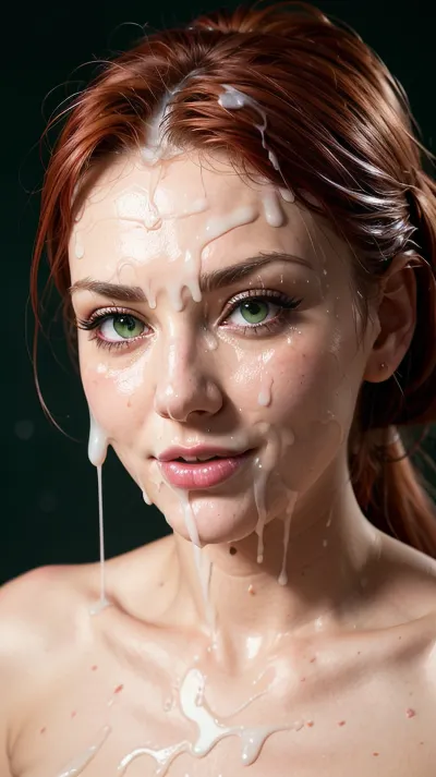 Eine bukkake Szene mit einem rothaarigen Mädchen mit schönen grünen Augen und einem süßen Gesicht. Sie hat 8k AI, 4k Cum und detaillierte Gesichtszüge. Die Szene ist in einem topless Bild mit starker Beleuchtung