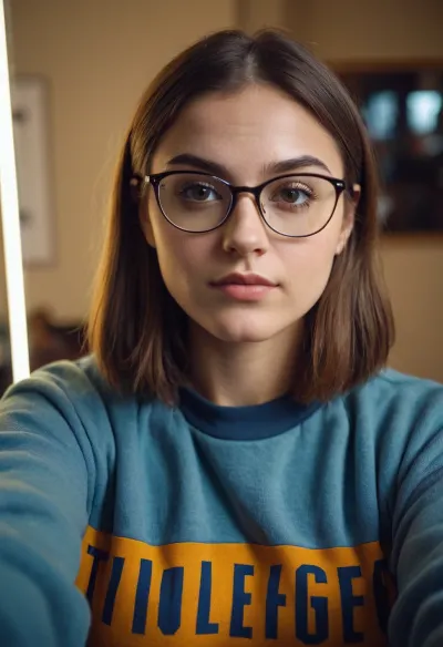 A woman in her 20s, who is a college student, takes a selfie with her new AI-generated mirror selfie. She wears a College Sweatshirt and looks at the camera with a confident smile