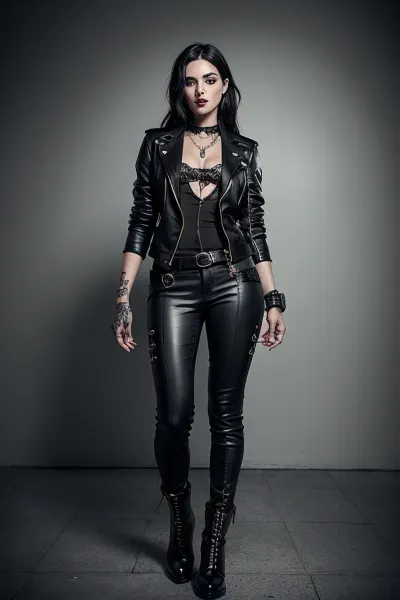 Eve Ventrue, el epítome de la moda moderna y clásica, encarna el equilibrio perfecto de la belleza y el grunge en su mujer impresionantemente hermosa vestida con modernos acentos de moda grunge con flair gruñedo