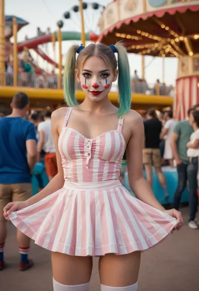 A menina jovem, bonita na pintura de cara branca e traje de palhaço estava em pé na frente de uma grande multidão, gerando emoção e antecipação com sua imagem pornográfica