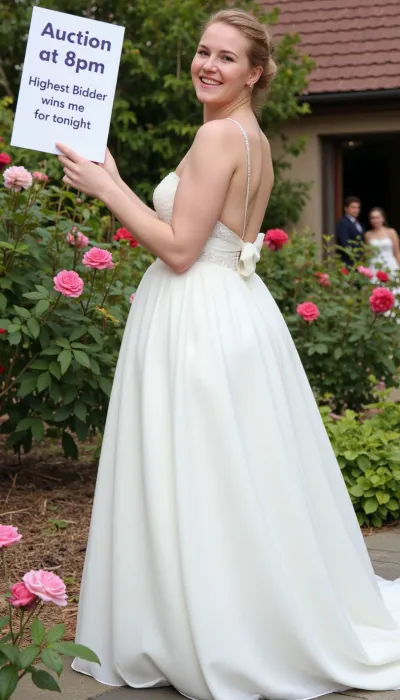 A, (petite bride), stands in a rose garden. She is facing the viewer. She laughs with anticipation.
The bride wears a simple white weddingdress. The bride holds a big sign with Text "Auction at 8 pm Highest Bidder wins me for tonight". There are wedding guests in the background.
looking at camera, best quality, High Details, Sharp focus on face.