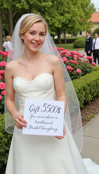 Die Braut steht in einem Rosengarten, hält ein großes Zeichen mit den Worten "Gift 500$ für Platz im traditionellen Bridal Gangbang." Sie lacht mit Vorfreude, wie sie die Kamera betrachtet. Die Braut trägt ein einfaches weißes Hochzeitskleid und