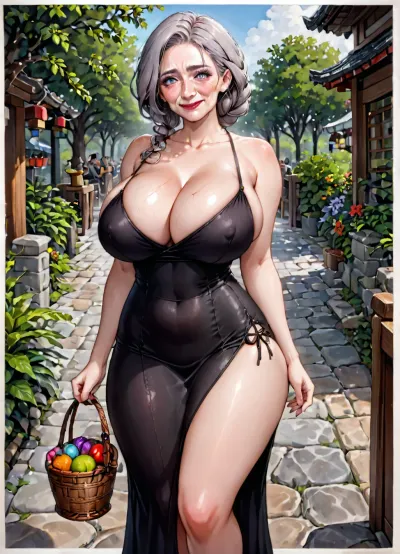 Sexy old Slavic grannies, old ladies, voluptuous, grayish hair, traditional clothing, aroused, wicker basket full of sex toys, short sexy skintight dress, cleavage, wrinkles, Slavic words in background, curvaceous, folk culture