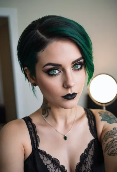 woman, 2023s nerdy college student taking a selfie, wearing black bridal dress, beautiful eyes, short black and green hairs, gothic make-up, n'ose piercing, neck tatoo