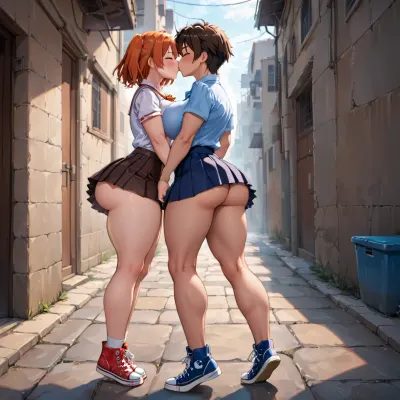 sakura kasugano kissing boy in alley, wearing schoolgirl uniform, wearing short blue miniskirt, wearing converse sneakers, brown short hair, hourglass figure, large breasts, large butt, big toned legs