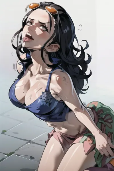 ((iland)), blue sky, sunny, masterpiece, taker, POV, POV from above, POV taker, detailed, large penis, arousing expression, horny expression, sucking POV, looking up, both arms tied, full body shot, Nico, Robin, long, black, straightened, glasses, sunglasses, blue, eyes, collarbone, cleavage, jacket, cropped, partially opened, sleeve, stomach, sarong, print, forehead, nude, shoulders, dress, sleeveless, bangs, thigh high stockings, young adult girl, activity, blow job, sucking, on knees, 1boy, penis, sperm, face, (((RawBBCBlowjob))), <lora:nico_robin_v1:.8>, <lora:NicoRobinV1:.8>, 