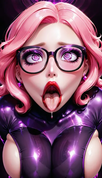 Женщина с фиолетовой тенью и розовыми волосами была бимбо, но у нее был секрет. Она любила смотреть порно и слюни на горячих женщин с пухлыми губами. На ее лице было выражение ahegao как