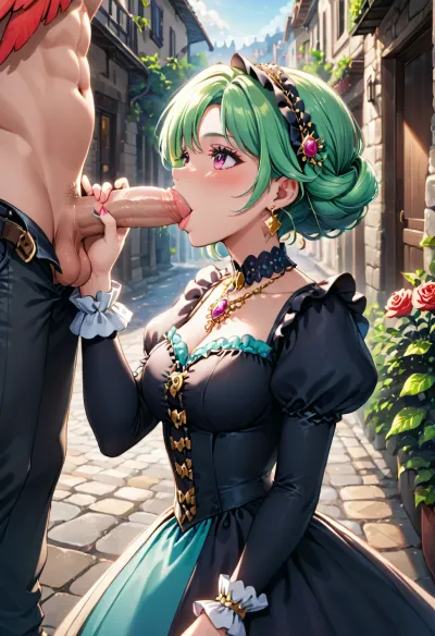 A digital illustration showcases two identical female characters dressed in ornate Victorian-style gowns, set against an outdoor cobblestone street backdrop during sunset or dawn. The character on the left faces slightly to the right with a slight smile, while the one on the right faces slightly to the left with a gentle smile. Both wear black dresses adorned with intricate gold embroidery, puffed white sleeves with ruffled cuffs, and elaborate lace details. The left dress features a prominent pink gemstone at the center, surrounded by gold trimmings, while the right dress has a central red rose embellishment accentuated by silver beading. Their outfits are complemented by black hats featuring wide white lace trims, colorful brooches, red feathers, and decorative tassels. Elegant drop earrings with teal stones and delicate pearl necklaces complete their attire. The background reveals a stone-paved street lined with classic lanterns emitting a warm glow, casting soft shadows and highlighting textures of both the figures and surroundings. The scene is bathed in natural daylight, creating a bright, well-exposed environment that emphasizes the regal atmosphere of the illustration. The overall composition captures a serene and elegant mood, with high contrast and saturation enhancing the visual appeal of this historical-inspired setting., <lora:DDBJon4_v1(v):.5>, blowjob, huge, <lora:SideBJ:.5>, sspll, <lora:sspll5:.5>, sidefellatio, fellatio, from, side, 1boy, penis, <lora:SideFellatio:.5>, corneo_side_deepthroat