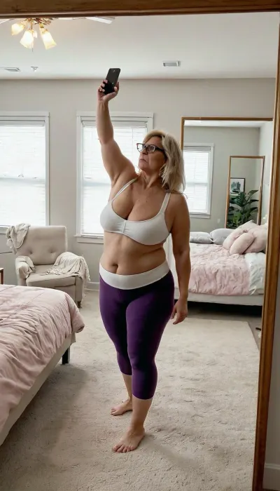 Una mujer de 60 años está frente a un espejo, capturando su reflejo de cuerpo completo en una perspectiva de primera persona. Lleva un sujetador deportivo blanco, leggings de yoga púrpura oscuro y gafas. Su sangre gris recta