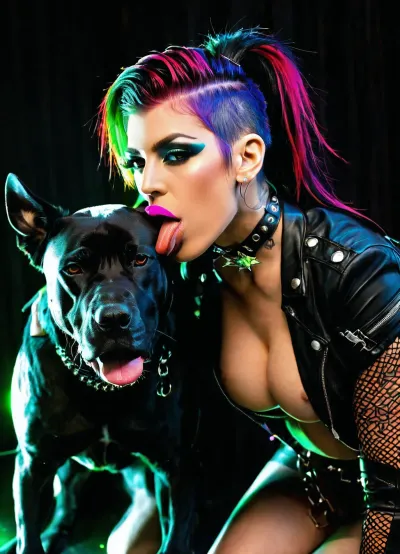 一个金发女孩 带着朋克的头发 和汤姆男孩的态度 走进房间, 她穿透的蓝眼睛闪烁在光。 她穿着紧身的红色裙子,拥抱着她的曲线,露出她的纹身. 她的性爱