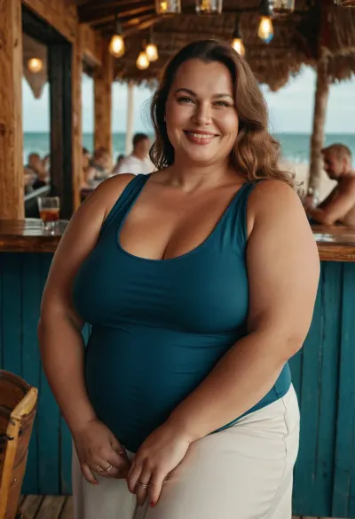Eine atemberaubende russische reife Frau in Freizeitkleidung, mit einem schönen Lächeln und dynamischer Energie, ist in einem Foto an einer Strandbar gemacht