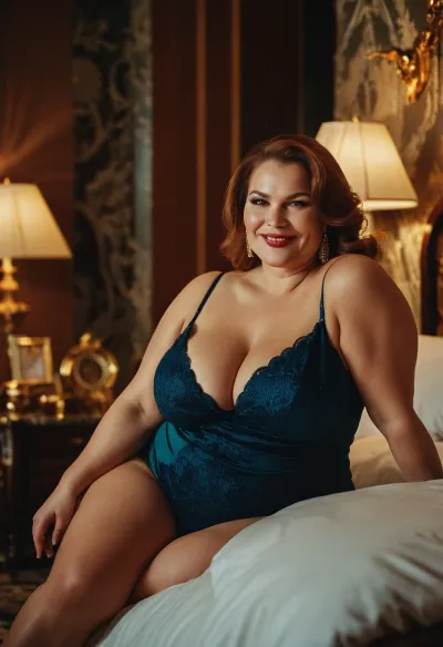Der russische reife ssbbw mit einem schönen Lächeln und dynamisch auf dem Foto wurde in einem luxuriösen Penthouse Schlafzimmer gefangen